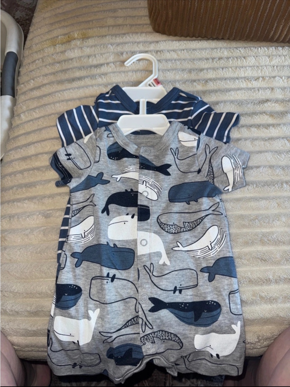 Navy & Gray Whale Print Baby Short Romper
